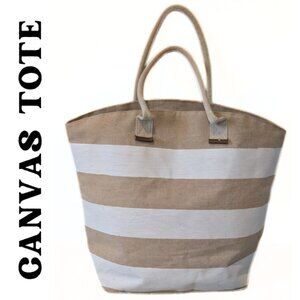 Large Canvas Tote Bag White Tan Striped Jute Cotton Beach